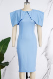 Light Blue Casual Solid Patchwork O Neck One Step Skirt Short Sleeve Dress