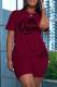 Burgundy Casual Letter Print Basic O Neck Short Sleeve Two Pieces