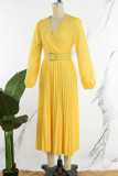 Yellow Casual Solid Patchwork Fold V Neck Waist Skirt Dresses(With Belt)