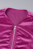 Blue Casual Solid Fold Zipper Collar Long Sleeve Two Pieces