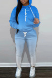 Cyan Casual Print Basic Hooded Collar Long Sleeve Two Pieces