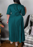 Gold Elegant Solid Patchwork Fold O Neck Pleated Plus Size Dresses