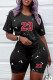 Black Casual Print Basic O Neck Short Sleeve Two Pieces