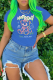 Royal Blue Vintage Cute Print Patchwork O Neck T-Shirts