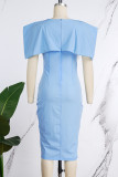 Light Blue Casual Solid Patchwork O Neck One Step Skirt Short Sleeve Dress