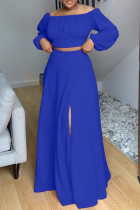 Blue Casual Solid Slit Off the Shoulder Long Sleeve Two Pieces