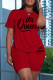 Red Casual Letter Print Basic O Neck Short Sleeve Two Pieces