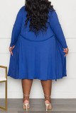 Blue Casual Solid Basic V Neck Plus Size Two Pieces