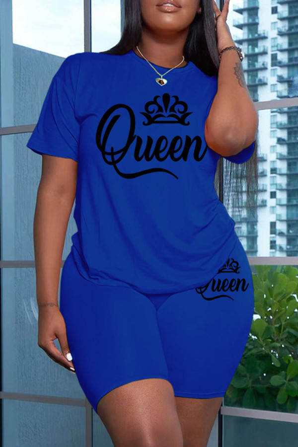 Blue Casual Letter Print Basic O Neck Short Sleeve Two Pieces