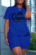 Blue Casual Letter Print Basic O Neck Short Sleeve Two Pieces