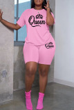 Pink Casual Letter Print Basic O Neck Short Sleeve Two Pieces