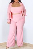 Deep Pink Casual Solid Patchwork Hooded Collar Plus Size Three Piece Set