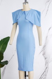 Light Blue Casual Solid Patchwork O Neck One Step Skirt Short Sleeve Dress