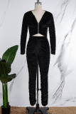 Black Casual Solid Fold Zipper Collar Long Sleeve Two Pieces