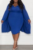 Blue Casual Solid Basic V Neck Plus Size Two Pieces