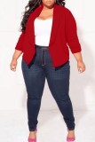 Burgundy Casual Solid Cardigan Turn-back Collar Plus Size Overcoat
