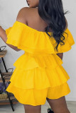 Yellow Casual Solid Patchwork Backless Off the Shoulder Short Sleeve Romper