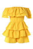 Yellow Casual Solid Patchwork Backless Off the Shoulder Short Sleeve Romper