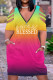 Orange Casual Gradual Change Letter Print Hollowed Out Patchwork Zipper V Neck Short Sleeve Dress