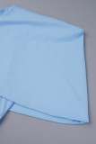 Light Blue Casual Solid Patchwork O Neck One Step Skirt Short Sleeve Dress