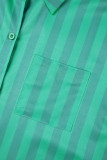 Green Casual Striped Patchwork Pocket Buttons Turndown Collar Long Sleeve Two Pieces