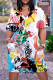 White Casual Print Patchwork V Neck Short Sleeve Dress