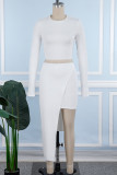 White Casual Solid Patchwork O Neck Long Sleeve Two Pieces