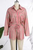 Green Casual Striped Patchwork Pocket Buttons Turndown Collar Long Sleeve Two Pieces