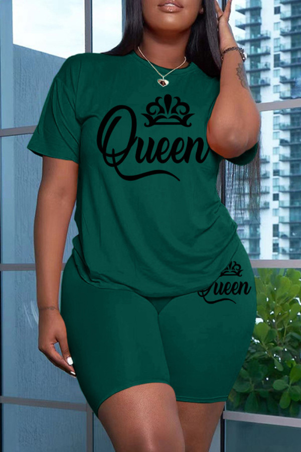 Green Casual Letter Print Basic O Neck Short Sleeve Two Pieces