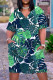 Dark Green Casual Print Basic V Neck Short Sleeve Dress