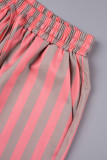 Pink Casual Striped Patchwork Pocket Buttons Turndown Collar Long Sleeve Two Pieces