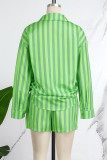 Turquoise Casual Striped Patchwork Pocket Buttons Turndown Collar Long Sleeve Two Pieces