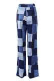 Blue Casual Print Patchwork Regular High Waist Conventional Full Print Trousers
