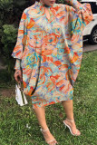 Light Blue Casual Print Hollowed Out Patchwork Half A Turtleneck Long Sleeve Dresses
