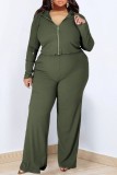Army Green Casual Solid Patchwork Hooded Collar Plus Size Three Piece Set