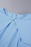 Light Blue Casual Solid Patchwork O Neck One Step Skirt Short Sleeve Dress