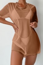 Camel Sexy Solid See-through Backless Swimwears Cover Up
