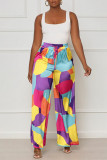 Colour Casual Print Patchwork High Waist Straight Full Print Bottoms