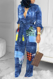 Blue Casual Street Print Patchwork Pocket Buckle With Belt Mandarin Collar Straight Jumpsuits