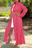 Red Casual Striped Print Cardigan Outerwear (Without Belt)