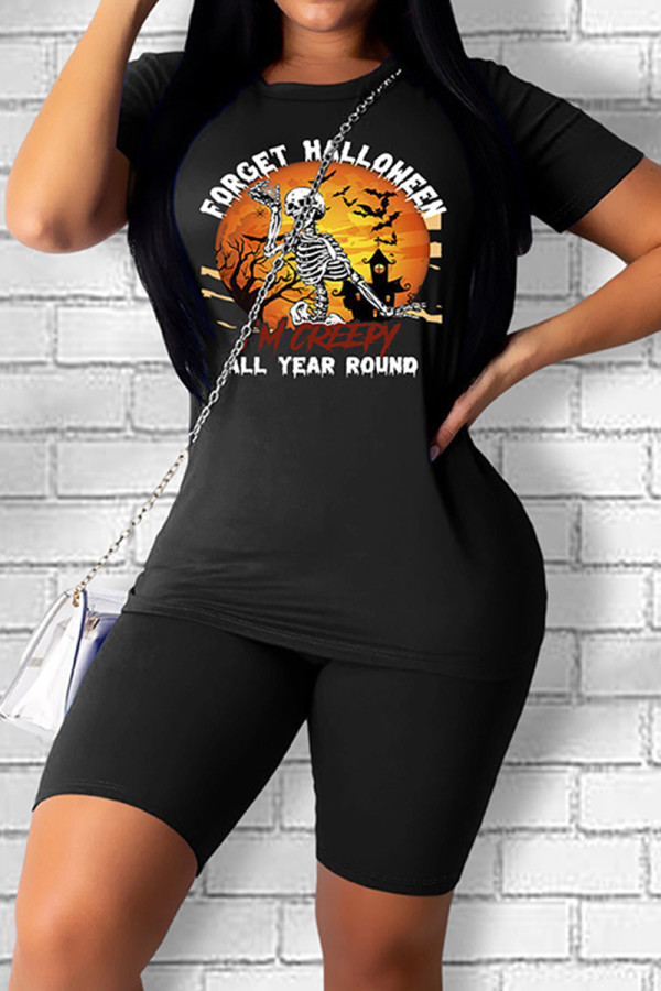 Black Casual Street Skull Head Letter Patchwork Printing O Neck Short Sleeve Two Pieces