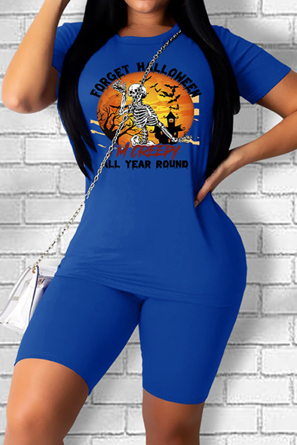 Deep Blue Casual Street Skull Head Letter Patchwork Printing O Neck Short Sleeve Two Pieces