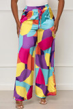Colour Casual Print Patchwork High Waist Straight Full Print Bottoms