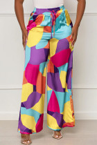 Colour Casual Print Patchwork High Waist Straight Full Print Bottoms