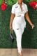 White Casual Letter Bandage Patchwork Pocket Buckle Turndown Collar Short Sleeve Two Pieces