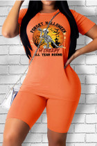 Orange Casual Street Skull Head Letter Patchwork Printing O Neck Short Sleeve Two Pieces