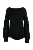 Black Fashion Casual Solid Hollowed Out O Neck Tops