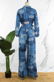 The cowboy blue Casual Street Print Patchwork Pocket Buckle With Belt Mandarin Collar Straight Jumpsuits