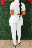 White Casual Letter Bandage Patchwork Pocket Buckle Turndown Collar Short Sleeve Two Pieces