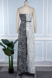 Black And White Casual Print Patchwork Backless Strapless Regular Jumpsuits